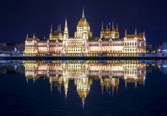 Hungarian Parliament Building at night with reflection in Danube river, Budapest, Hungary
