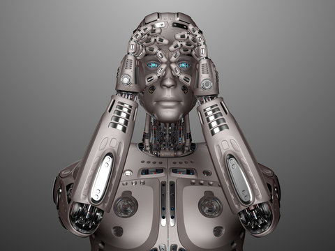 3D Render of futuristic robot man watching through ''Okay'' gesture with both hands. Isolated on gray background.
