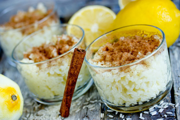 Portuguese rice pudding arroz doce with cinnamon and lemon