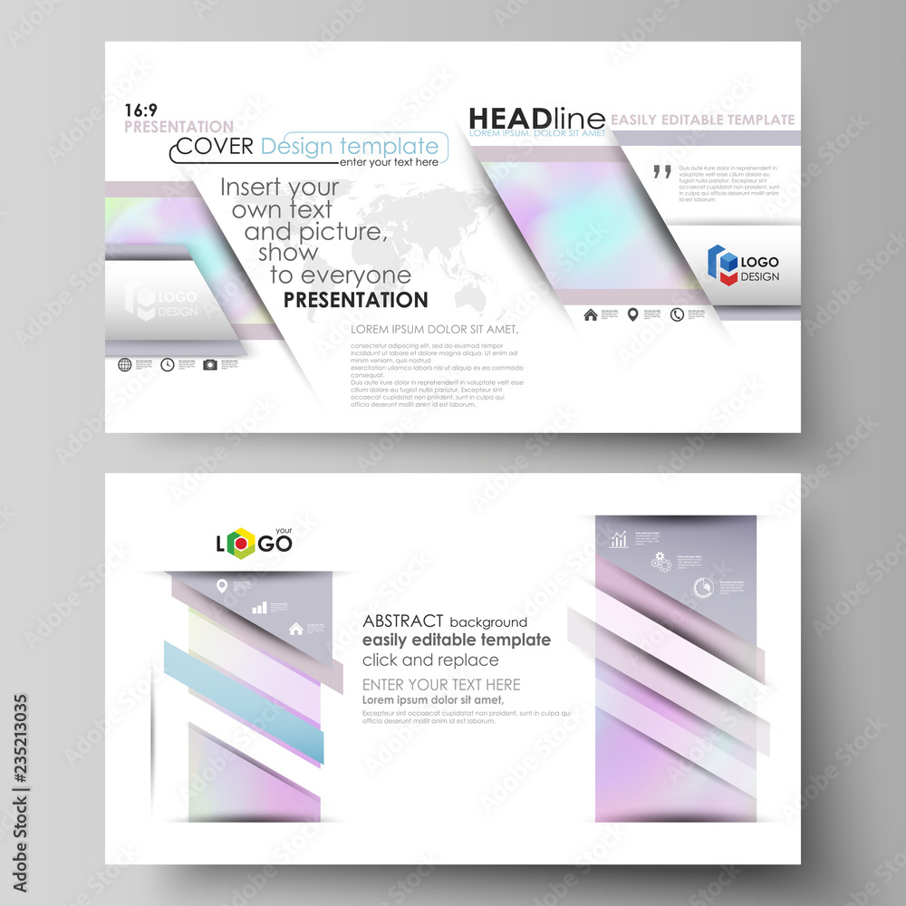 Poster Business templates in HD format for presentation slides. Vector layouts in abstract design. Hologram, background in pastel colors with holographic effect. Blurred colorful pattern, futuristic texture.