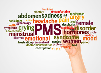 PMS word cloud and hand with marker concept
