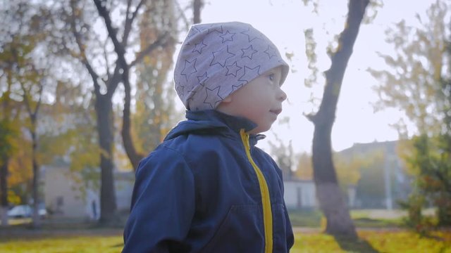 Happy little child, baby boy laughing and playing in the autumn in the park walk outdoors.