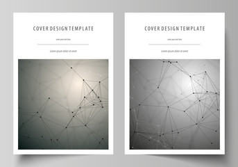 Business templates for brochure, magazine, flyer, booklet. Cover design template, flat layout in A4 size. Chemistry pattern, molecule structure on gray background. Science and technology concept.