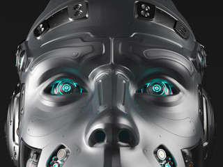Futuristic robot head or cyborg face. Isolated on black background. 3D Render.