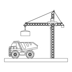 Construction cargo truck and crane in black and white