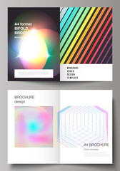 Vector illustration of layout of two A4 format modern cover mockups design templates for bifold brochure, magazine, flyer. Abstract colorful geometric backgrounds in minimalistic design to choose from