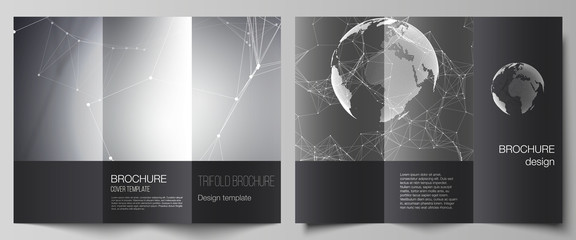 Vector layouts of covers design templates for trifold brochure or flyer. Futuristic geometric design with world globe, connecting lines and dots. Global network connections, technology digital concept