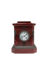 Red marble mantel clock on a white background. Isolated.