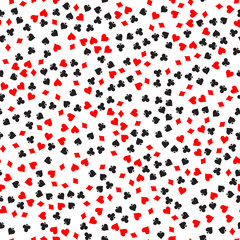 Poker card suit seamless pattern background. Black spades and clubs. Red hearts and diamonds singns. Abstract vector backround.