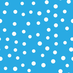 Snowy seamless patern. White dot snowflakes on blue background. Snow and Christmas theme. Abstract backround.