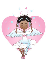 Angel in headphones listening to music. Valentine's Day greeting card.