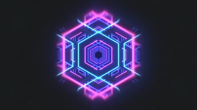 Abstract flight in a hexagonal tunnel in retro futuristic style, 3d seamless loop animation