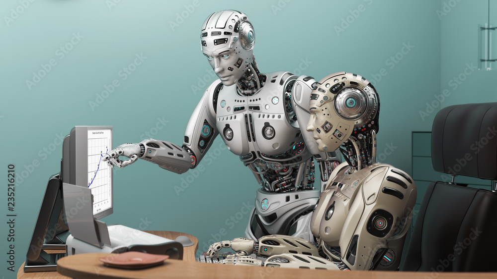Poster robot getting advice from office colleague at his desk. cyborg pointing at pc display and explaining