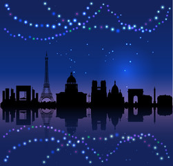 Paris vector silhouete and colored Chritsmas lights