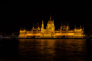 Night view of Hungarian Parliament Building, Budapest, Hungary