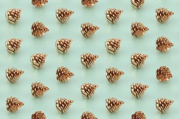 Minimal Christmas pattern. Golden pine cones on mint green background. 3D rendering.