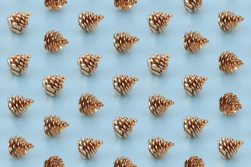 Minimal Christmas pattern. Golden pine cones on pastel blue background. 3D rendering.
