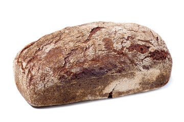 Fresh baked bread isolated on white background. Close-up black rye bread.