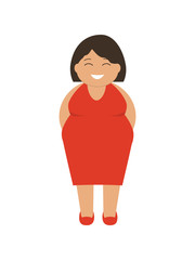 Plump woman in a red dress, isolated on a white background. Vector illustration in a cartoon style.