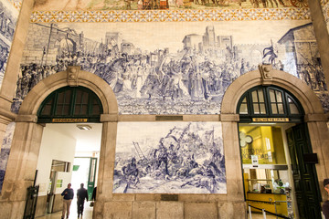 Porto, Portugal, June 15, 2018: Wall of the Sao Bento railway station in Porto,