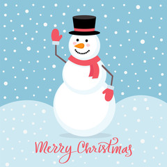 Happy cute snowman in black hat, red scarf and gloves on background with snowflakes. Merry Christmas greeting card template. Vector illustration of snowman
