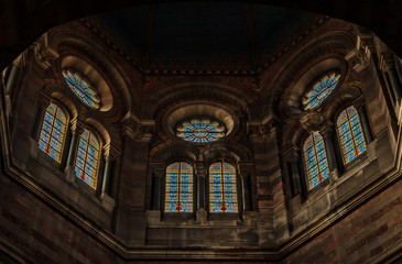 Obraz premium Ornate stained glass in the windows of Cathedrale La Major or Marseille Cathedral, a Roman Catholic cathedra in Marseille, France