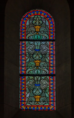 Ornate stained glass in the windows of Cathedrale La Major or Marseille Cathedral, a Roman Catholic cathedra in Marseille, France