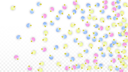 Vector Realistic Colorful Petals Falling on Transparent Background.  Spring Romantic Flowers Illustration. Flying Petals. Sakura Spa Design. Blossom Confetti. Design Elements for Wedding Decoration.
