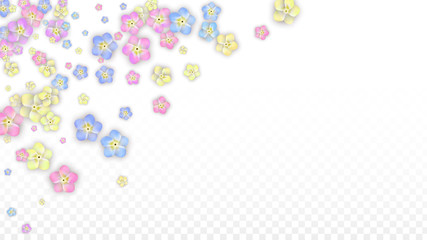 Vector Realistic Colorful Petals Falling on Transparent Background.  Spring Romantic Flowers Illustration. Flying Petals. Sakura Spa Design. Blossom Confetti. Design Elements for Wedding Decoration.