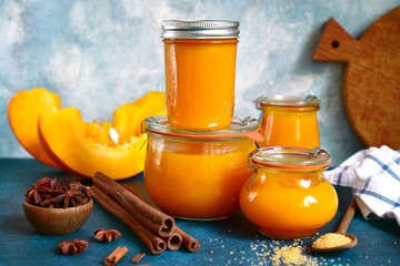 Pumpkin puree with spices in a vintage jars.