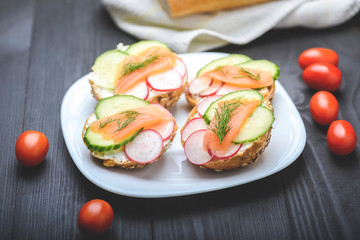 small sandwiches with salmon on vegetables