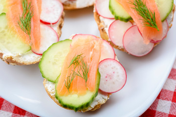 small sandwiches with salmon on vegetables