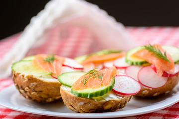 small sandwiches with salmon on vegetables