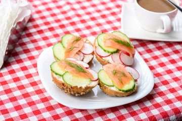 small sandwiches with salmon on vegetables