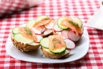 small sandwiches with salmon on vegetables