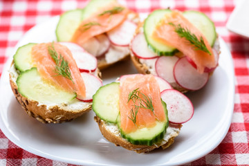 small sandwiches with salmon on vegetables