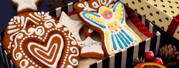 beautiful Christmas cookies in a box decorated with icing. banner