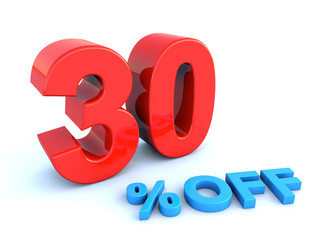 Big red glossy 30 percent off sign on white background