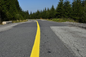 Yellow line in the middle of the mountain roadway.