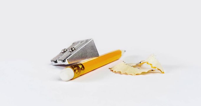 Close-up of erase pencil, sharpener and cuttings