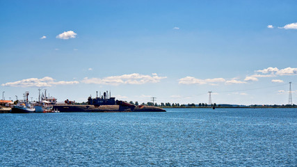 Panorama of the submarine in the port of Peenemünde on the Baltic Sea island of Usedom.