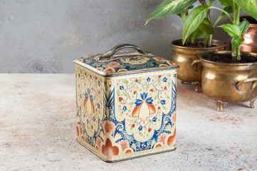 Old vintage tin box with handle