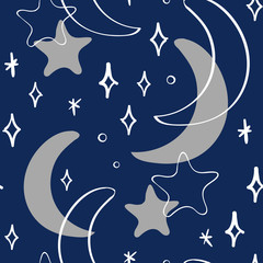 Seamless repeat pattern with silver gray crescent moons and white stars in navy blue night sky. Sleepwear, bedding, packaging, fabric design projects.