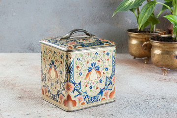 Old vintage tin box with handle