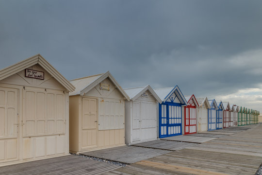 France west coast Cayeux 26 May, 2018 beach cabins at the longest boardwalk of Europe.