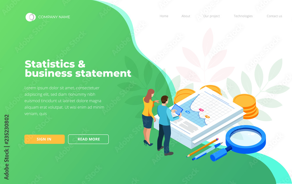 Poster isometric analysis data and investment. stack of documents with an official stamp and pencils in a g