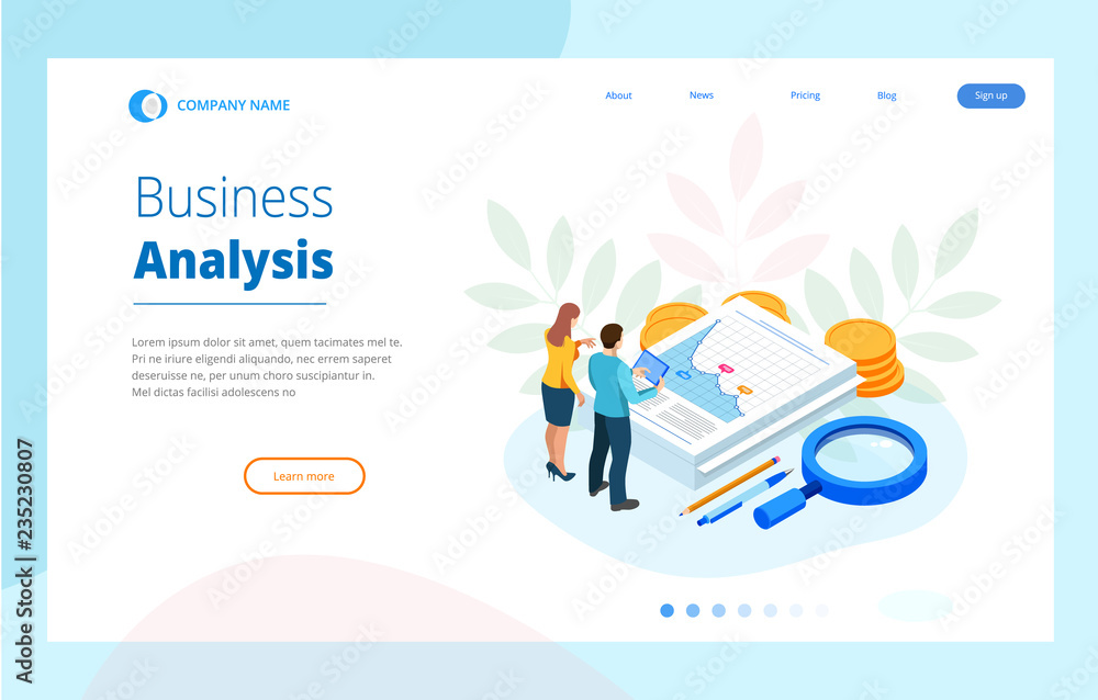 Poster isometric analysis data and investment. stack of documents with an official stamp and pencils in a g