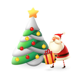 Santa Claus put gifts under Christmas tree illustration isolated on white