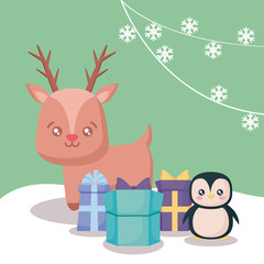 reindeer with penguin and gift boxes christmas