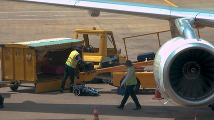 Fototapeta premium Ground staff collecting passengers' luggage coming out of the airplane fuselage.